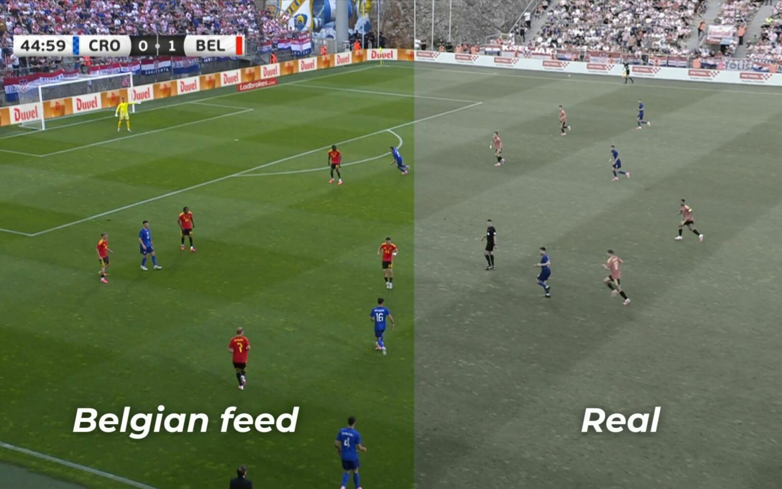 Virtual LED advertising in the Belgian broadcast compared with the original stadium feed